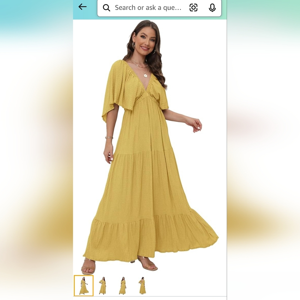 Women's Summer V-Neck, Tiered Silhouette with Flutter Sleeves Maxi Dress for Cas